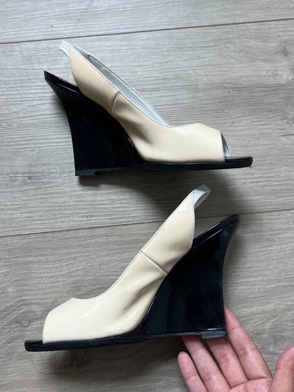 Vintage Manolo Blahnik Patent Peep Toe Wedge Sandals